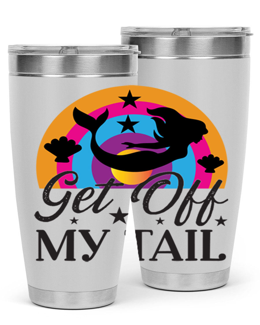 Get off my tail 182# mermaid tumbler in vibrant colors, showcasing its double wall stainless steel design and drink-thru lid.