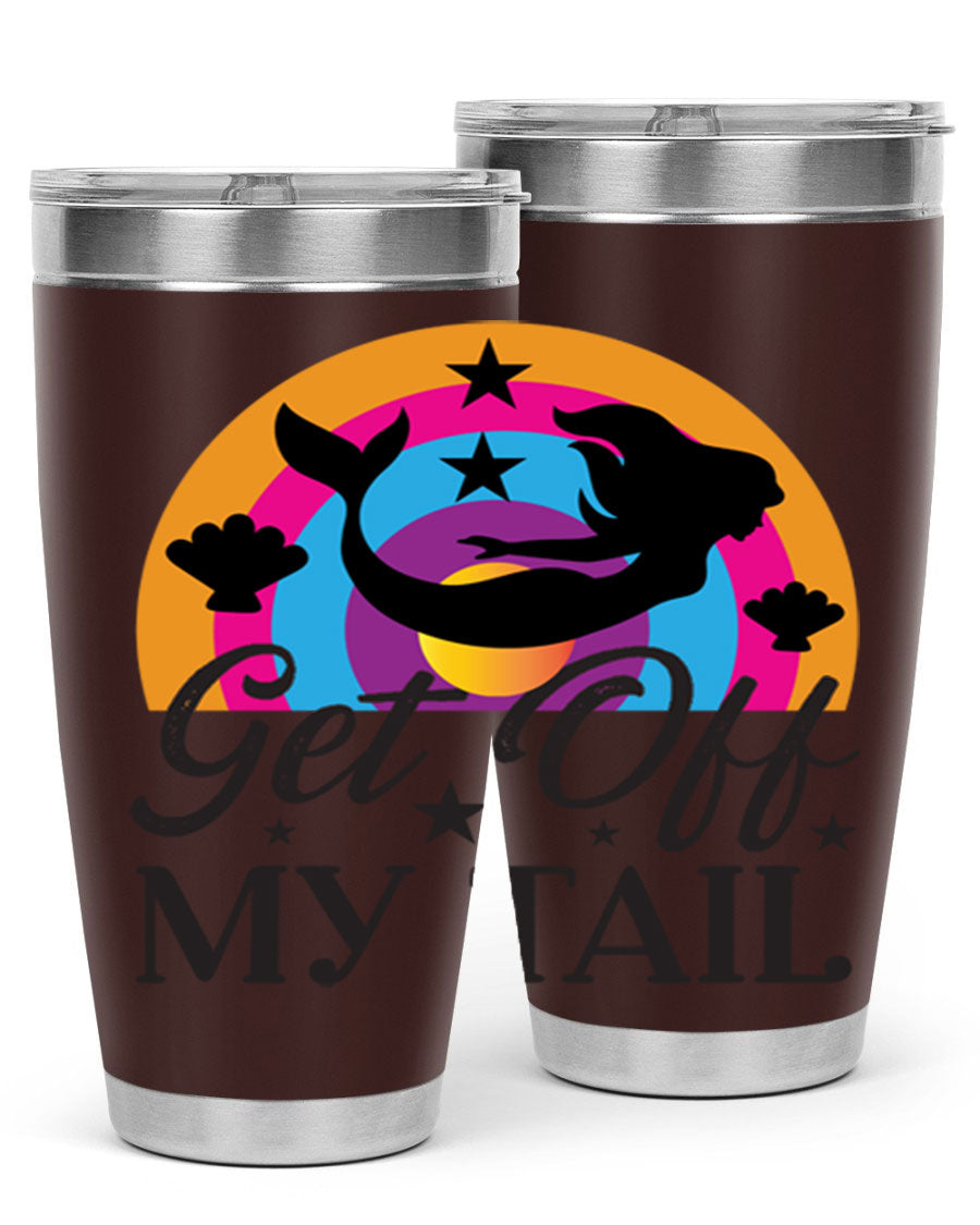 Get off my tail 182# mermaid tumbler in vibrant colors, showcasing its double wall stainless steel design and drink-thru lid.