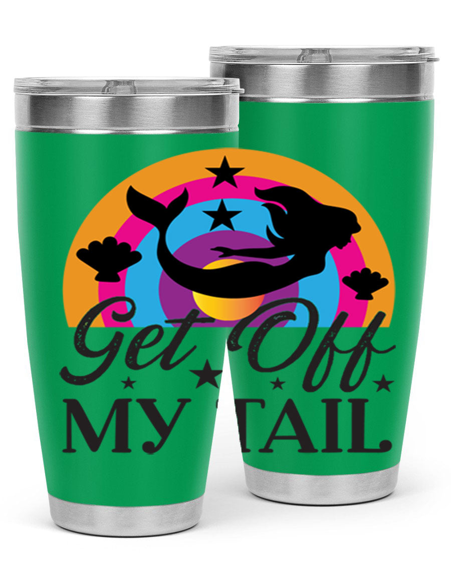 Get off my tail 182# mermaid tumbler in vibrant colors, showcasing its double wall stainless steel design and drink-thru lid.