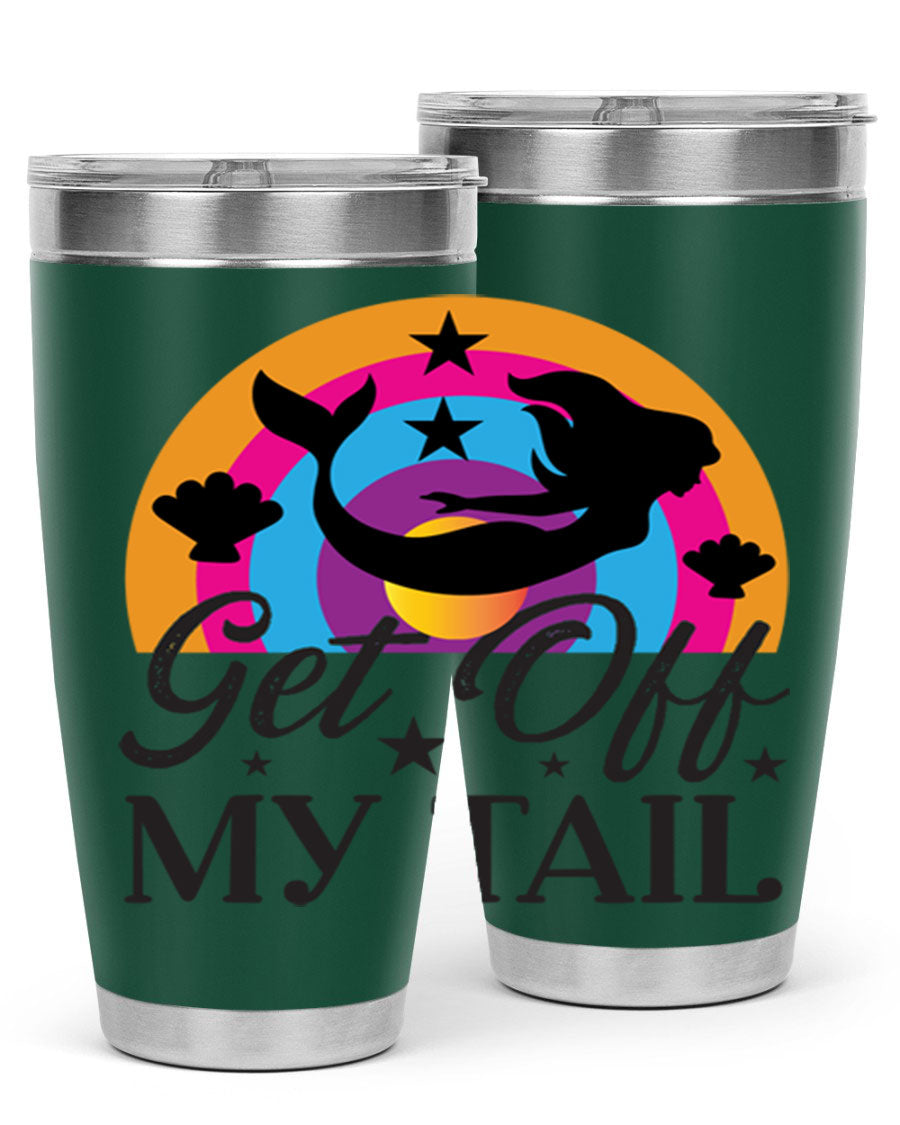 Get off my tail 182# mermaid tumbler in vibrant colors, showcasing its double wall stainless steel design and drink-thru lid.