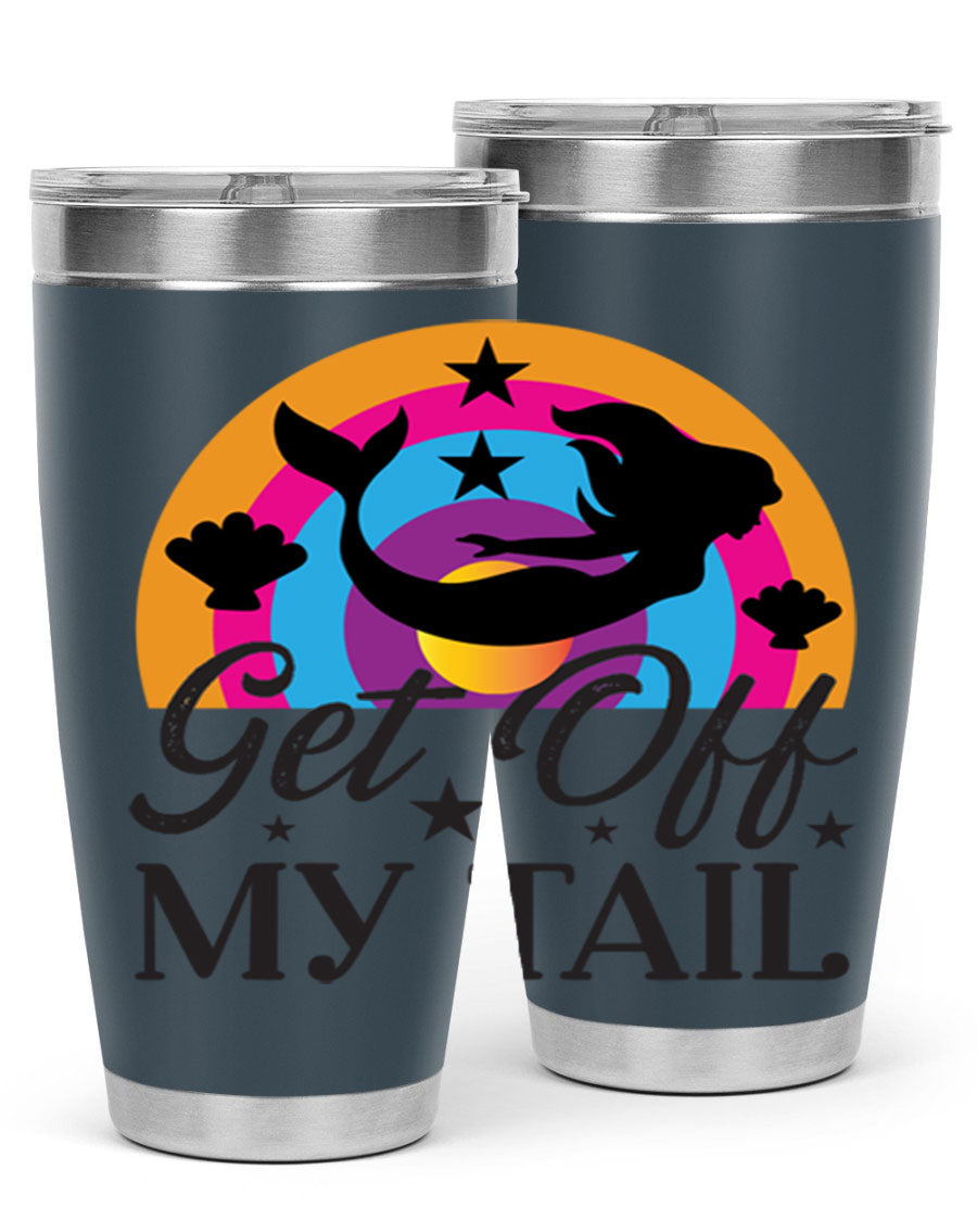 Get off my tail 182# mermaid tumbler in vibrant colors, showcasing its double wall stainless steel design and drink-thru lid.