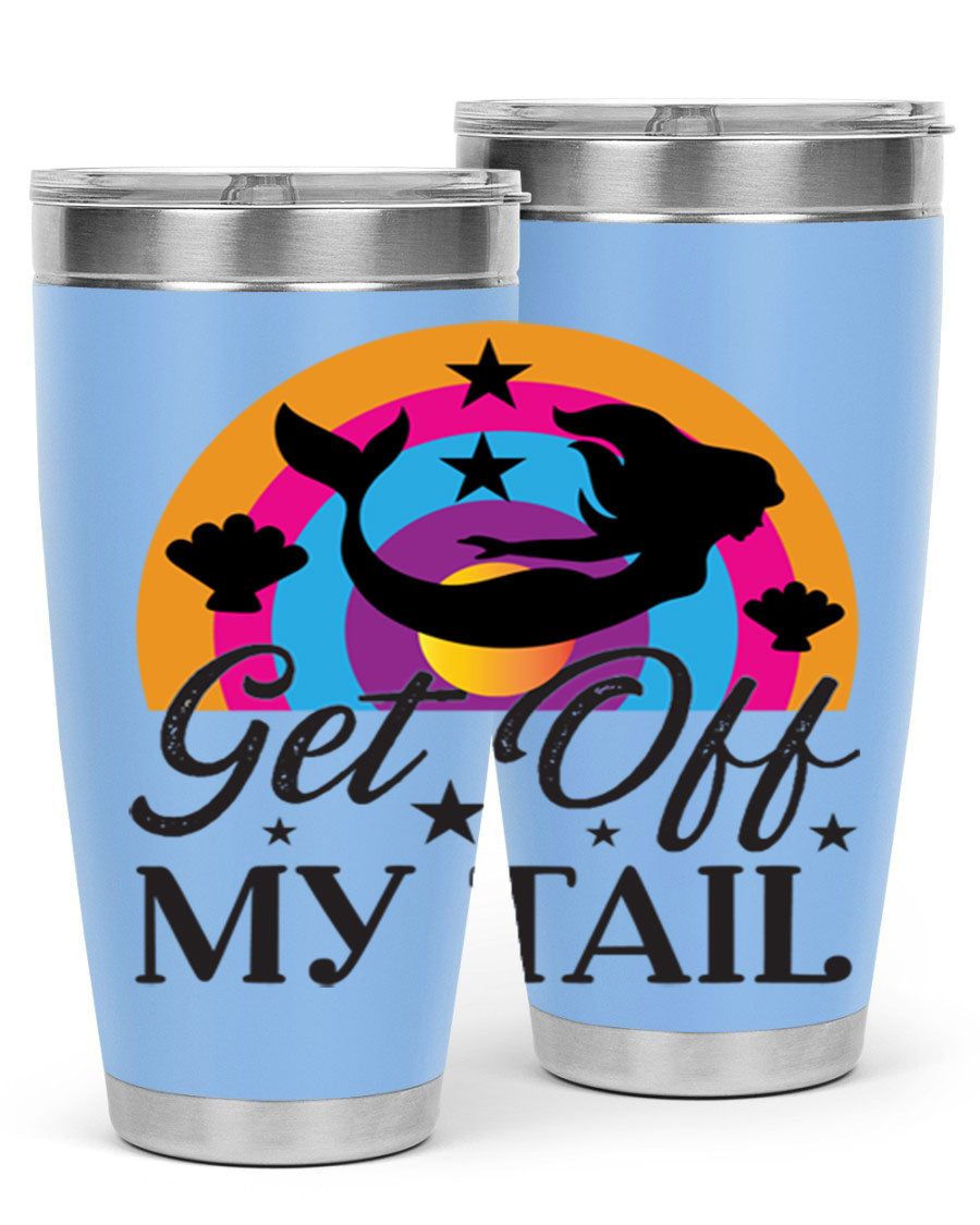 Get off my tail 182# mermaid tumbler in vibrant colors, showcasing its double wall stainless steel design and drink-thru lid.