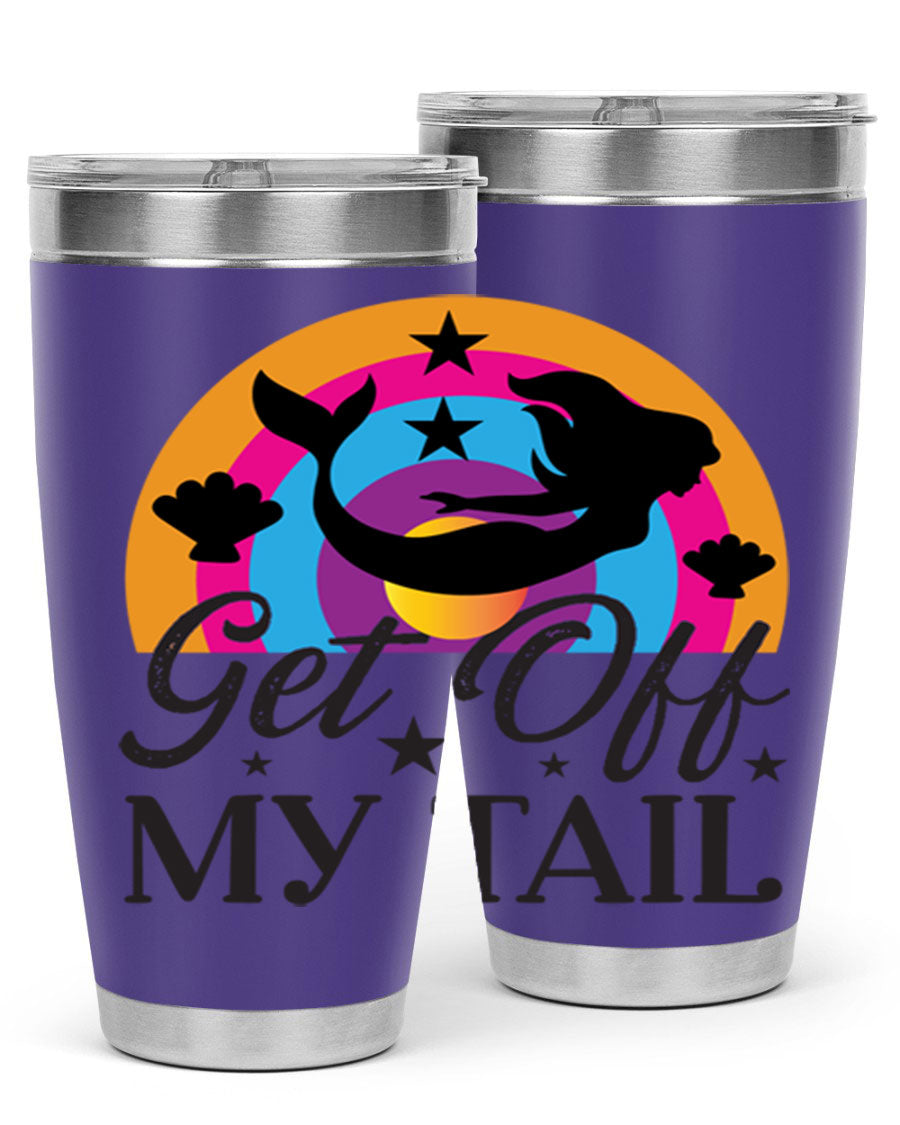 Get off my tail 182# mermaid tumbler in vibrant colors, showcasing its double wall stainless steel design and drink-thru lid.