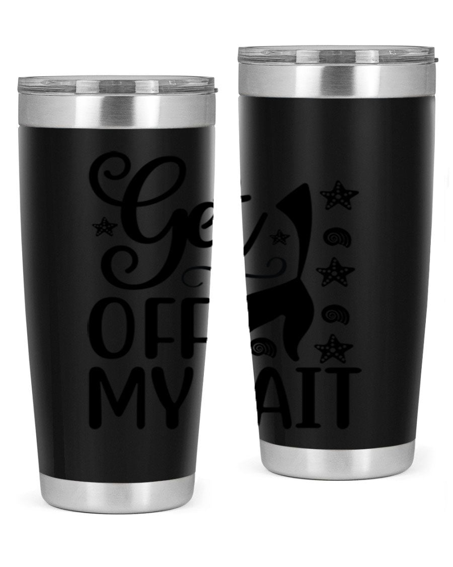 Get off my tail 187# mermaid tumbler in stainless steel with a vibrant mermaid design, perfect for hot and cold beverages.