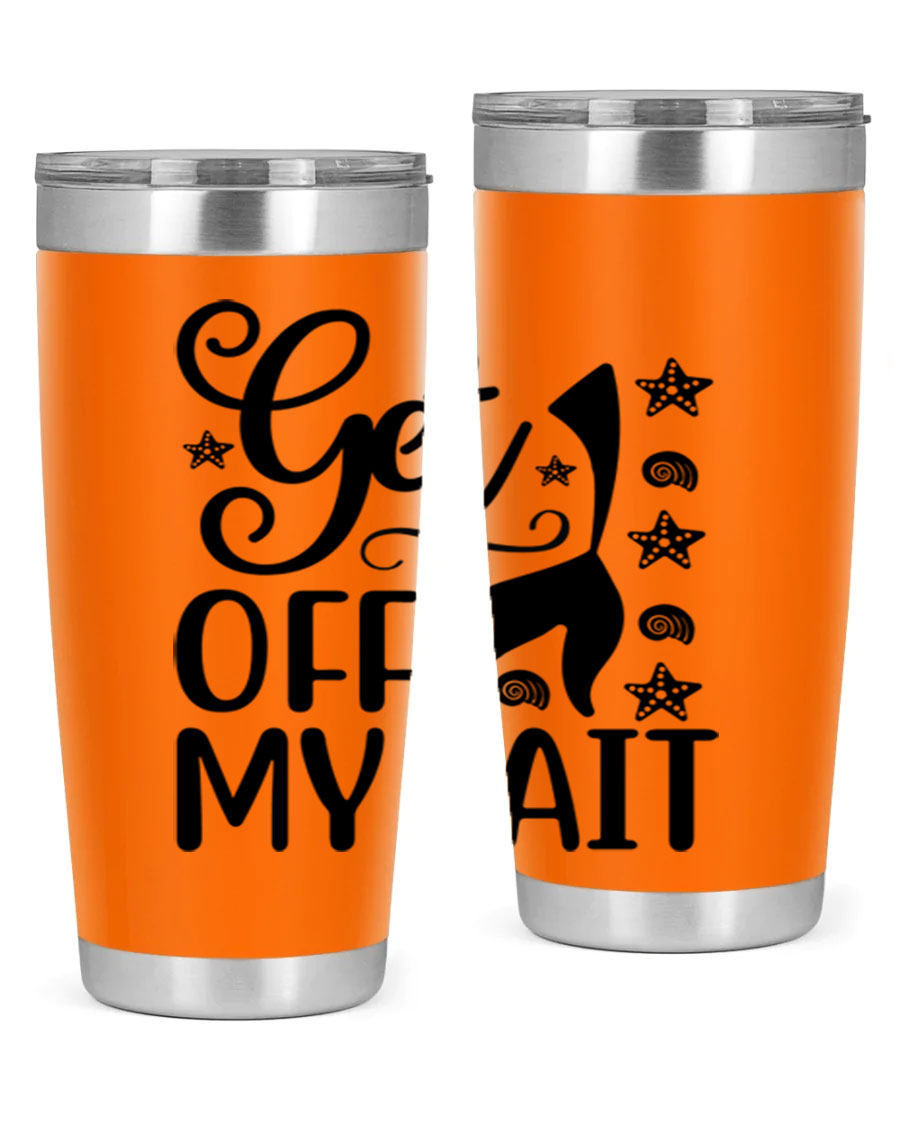 Get off my tail 187# mermaid tumbler in stainless steel with a vibrant mermaid design, perfect for hot and cold beverages.