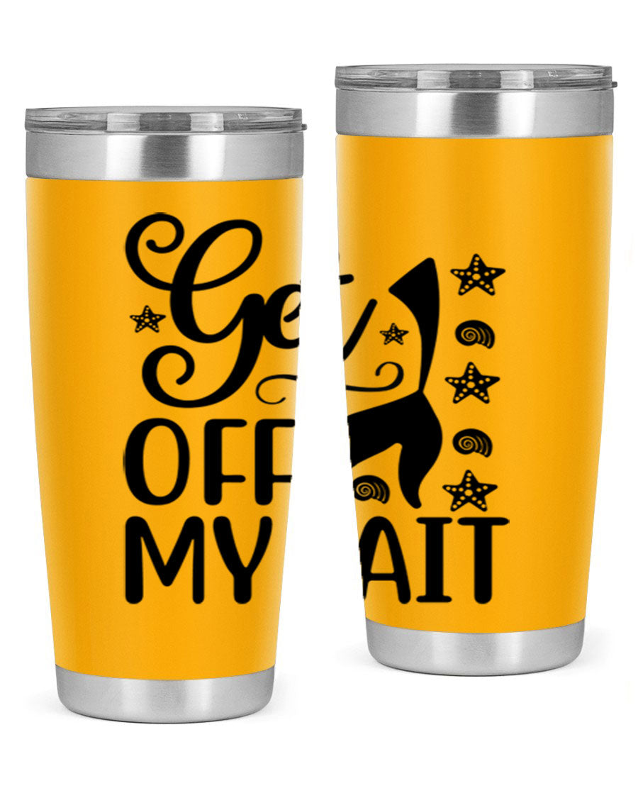 Get off my tail 187# mermaid tumbler in stainless steel with a vibrant mermaid design, perfect for hot and cold beverages.