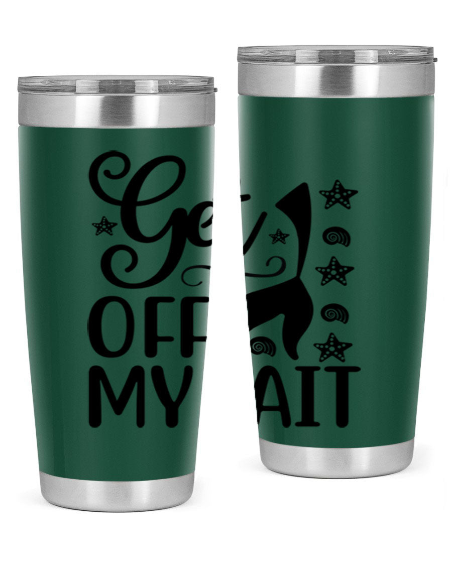 Get off my tail 187# mermaid tumbler in stainless steel with a vibrant mermaid design, perfect for hot and cold beverages.