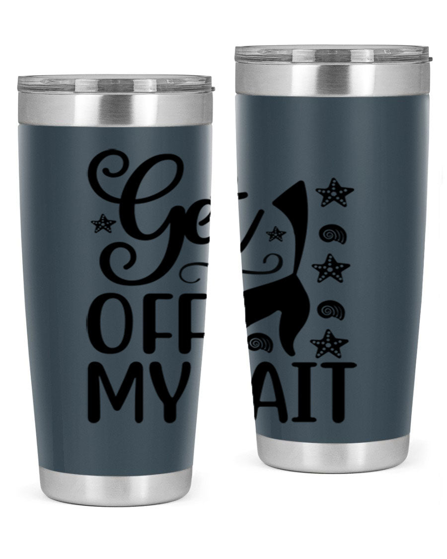Get off my tail 187# mermaid tumbler in stainless steel with a vibrant mermaid design, perfect for hot and cold beverages.