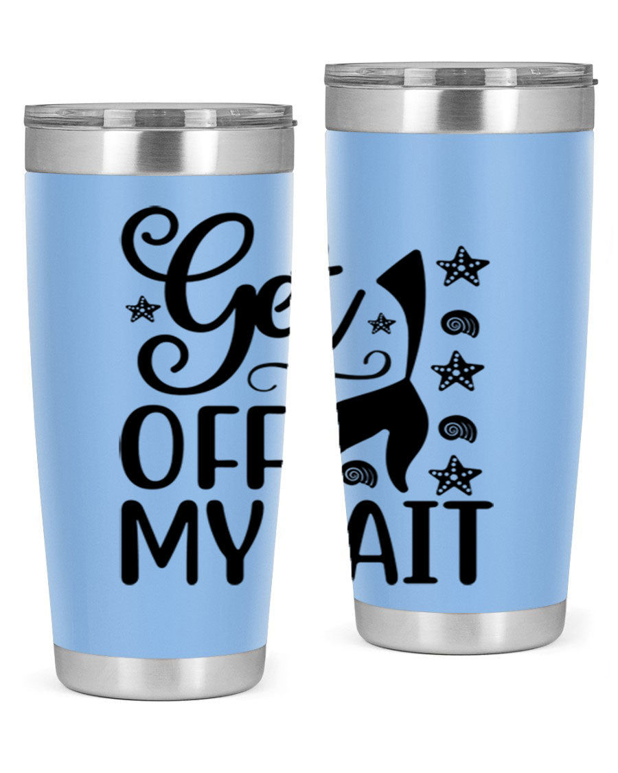 Get off my tail 187# mermaid tumbler in stainless steel with a vibrant mermaid design, perfect for hot and cold beverages.