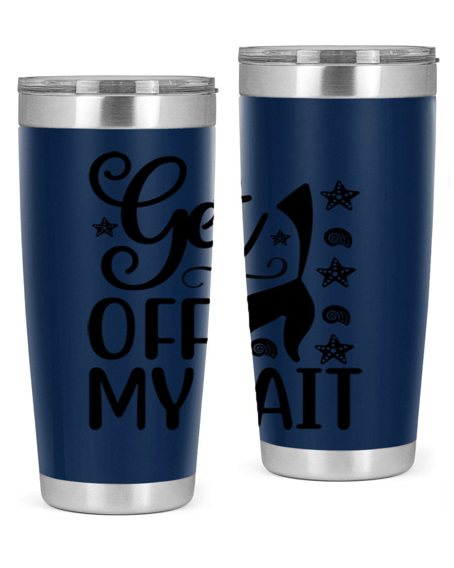 Get off my tail 187# mermaid tumbler in stainless steel with a vibrant mermaid design, perfect for hot and cold beverages.