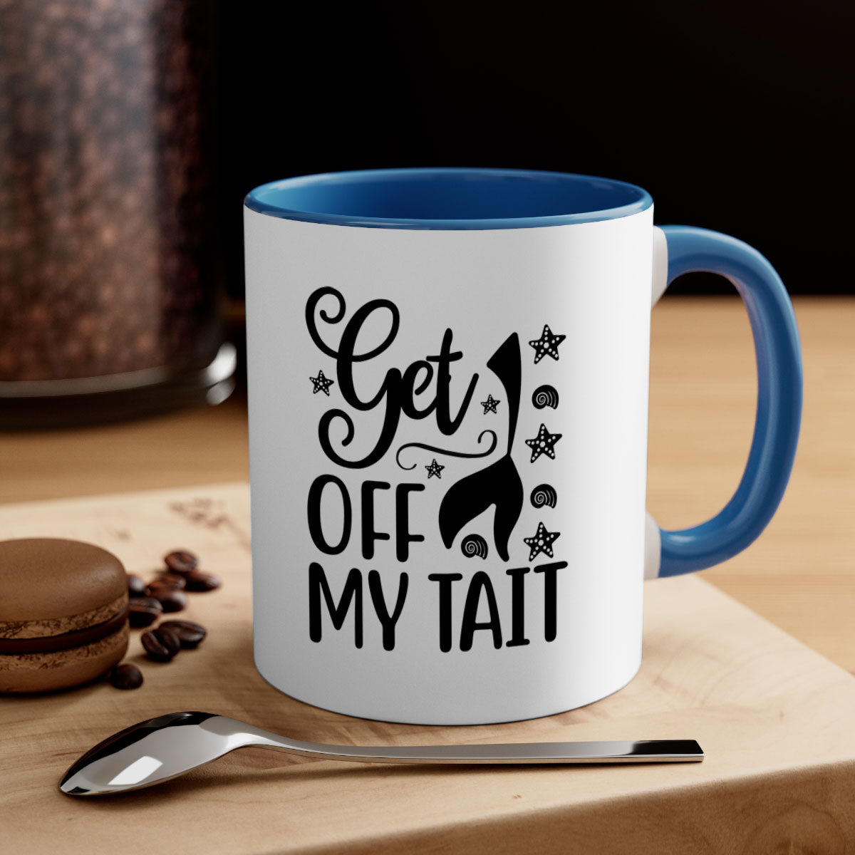 Get off my tail 187# Mermaid Mug with a glossy finish, featuring a colored handle and interior, available in multiple colors.