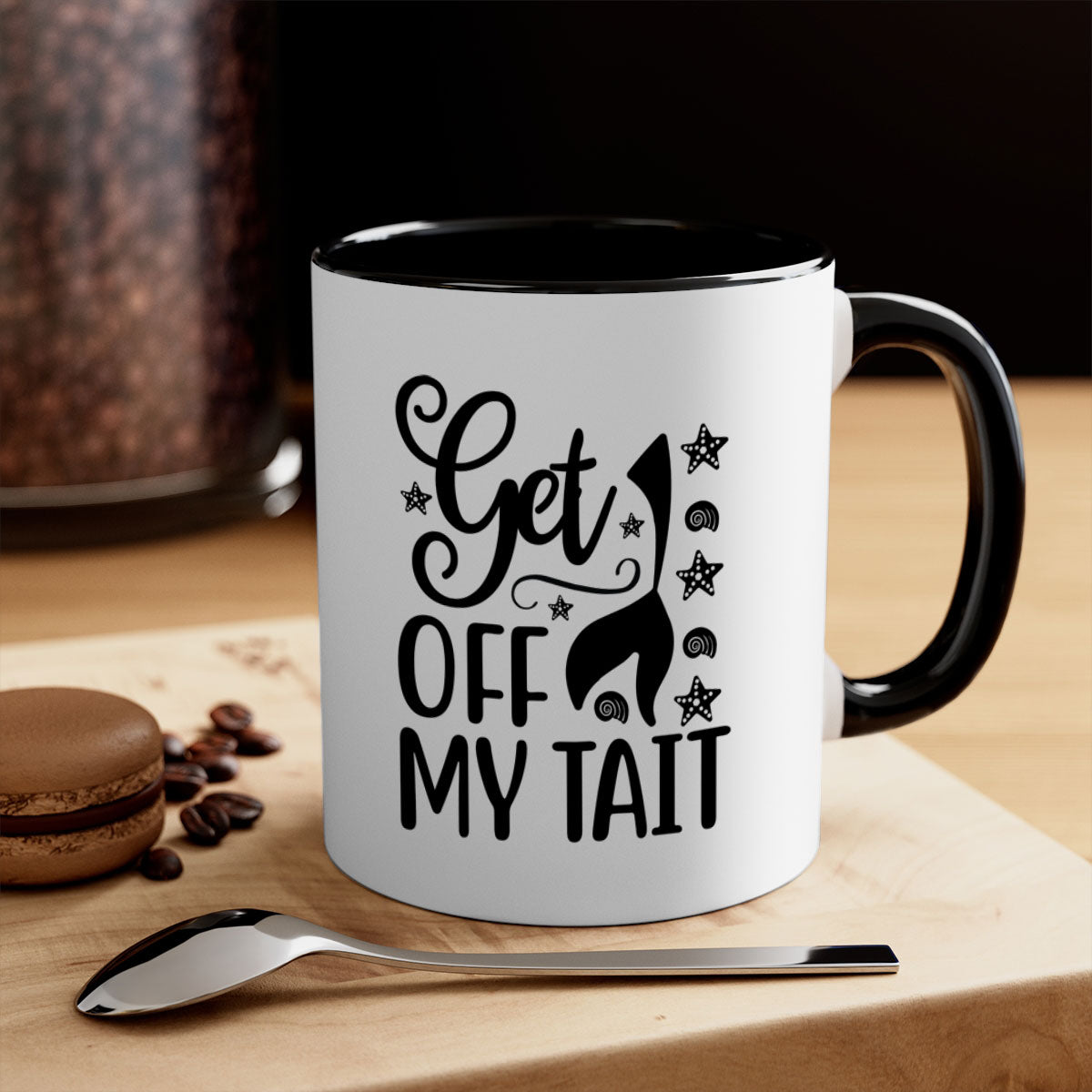 Get off my tail 187# Mermaid Mug with a glossy finish, featuring a colored handle and interior, available in multiple colors.