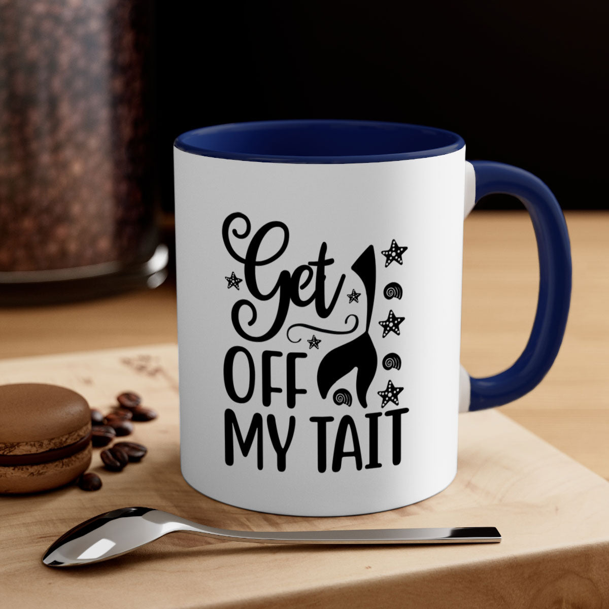 Get off my tail 187# Mermaid Mug with a glossy finish, featuring a colored handle and interior, available in multiple colors.