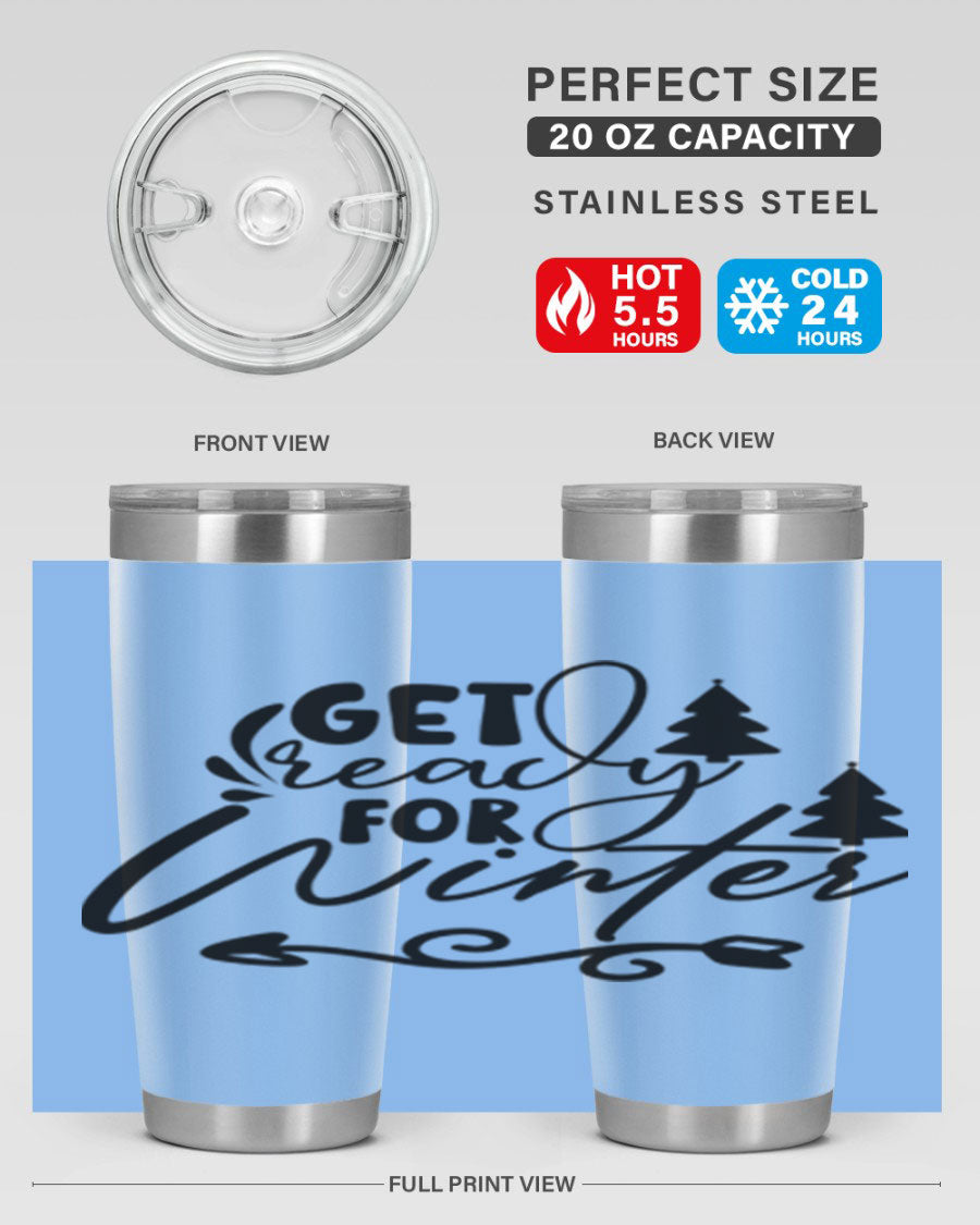 Get Ready For Winter 109# Tumbler in stainless steel with a drink-thru lid, showcasing its sleek design and winter-themed print.