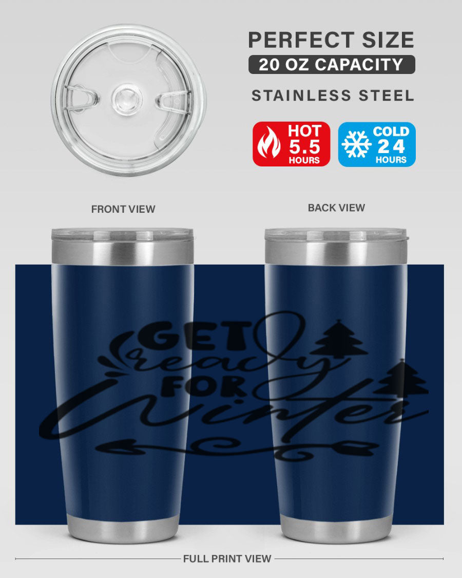 Get Ready For Winter 109# Tumbler in stainless steel with a drink-thru lid, showcasing its sleek design and winter-themed print.