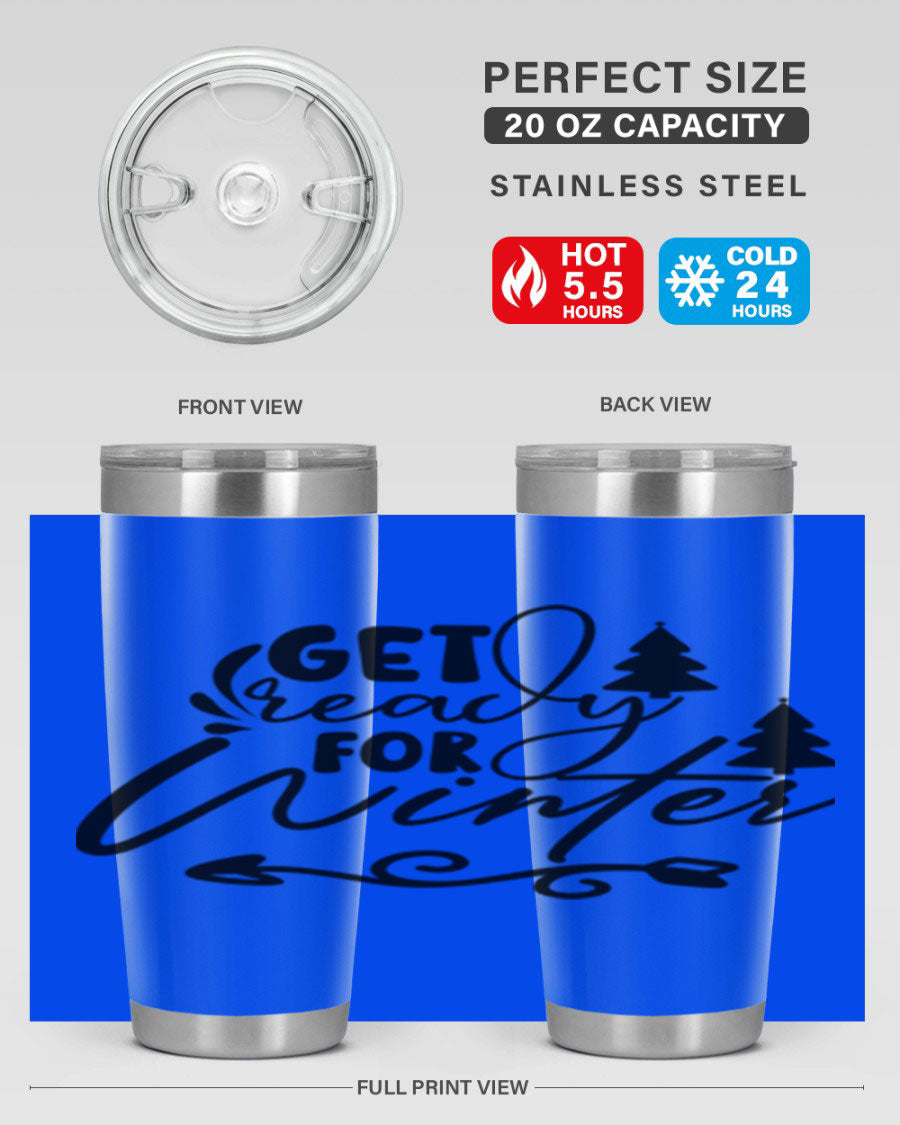 Get Ready For Winter 109# Tumbler in stainless steel with a drink-thru lid, showcasing its sleek design and winter-themed print.