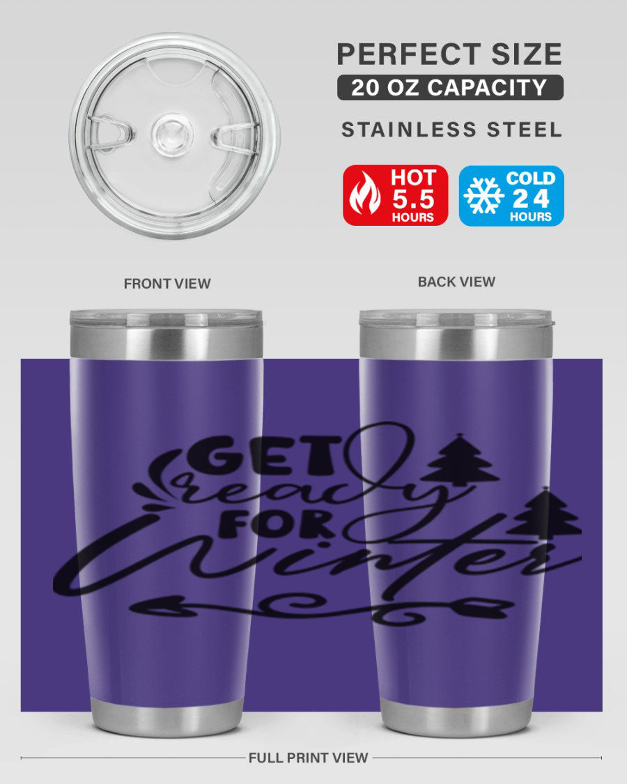 Get Ready For Winter 109# Tumbler in stainless steel with a drink-thru lid, showcasing its sleek design and winter-themed print.