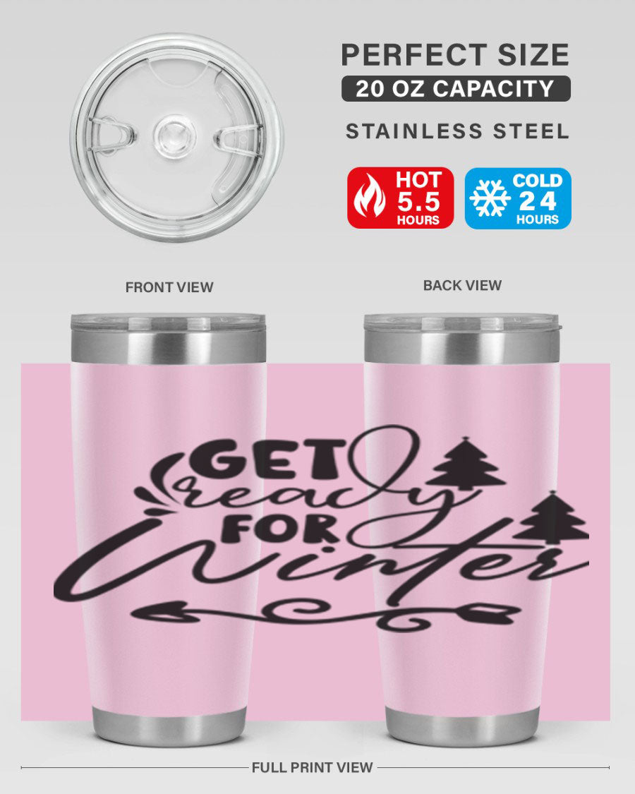 Get Ready For Winter 109# Tumbler in stainless steel with a drink-thru lid, showcasing its sleek design and winter-themed print.