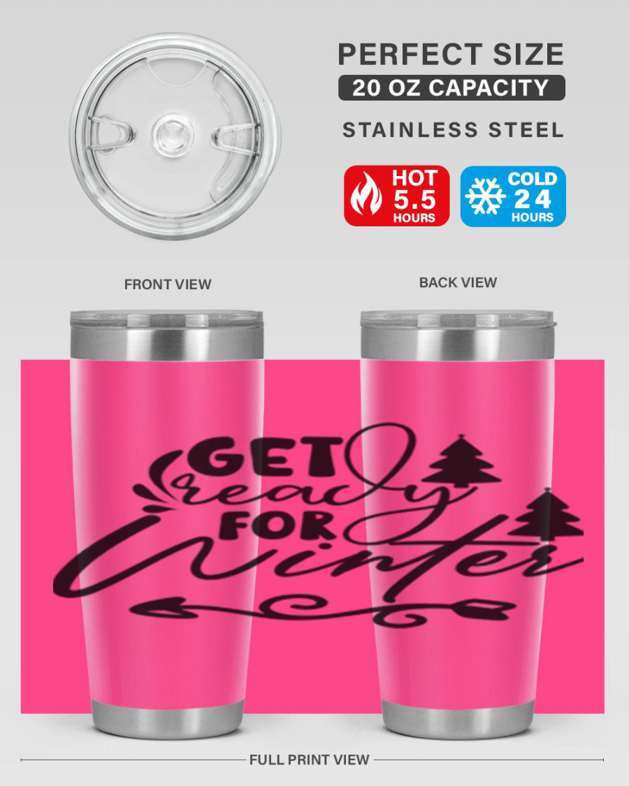Get Ready For Winter 109# Tumbler in stainless steel with a drink-thru lid, showcasing its sleek design and winter-themed print.
