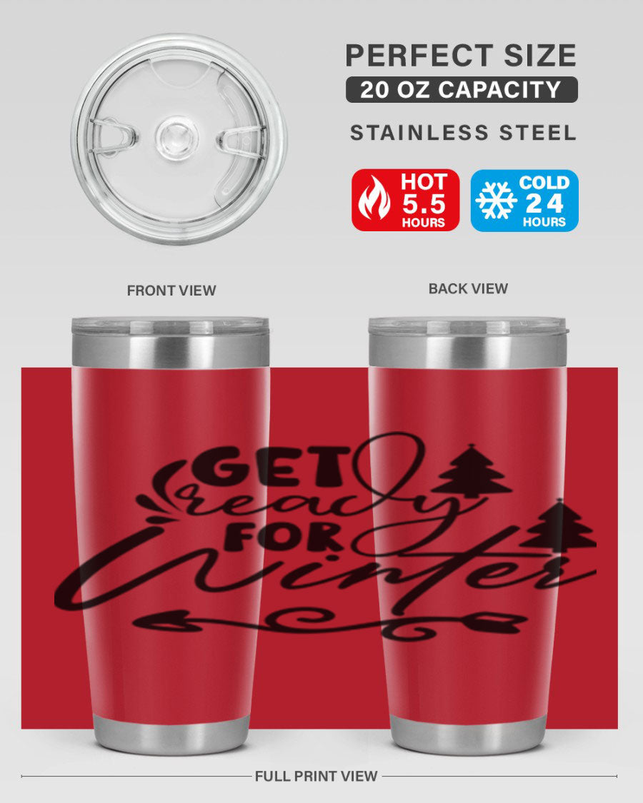 Get Ready For Winter 109# Tumbler in stainless steel with a drink-thru lid, showcasing its sleek design and winter-themed print.