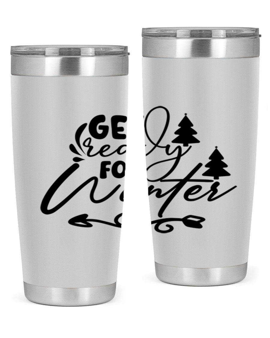 Get Ready For Winter 109# Tumbler in stainless steel with a drink-thru lid, showcasing its sleek design and winter-themed print.