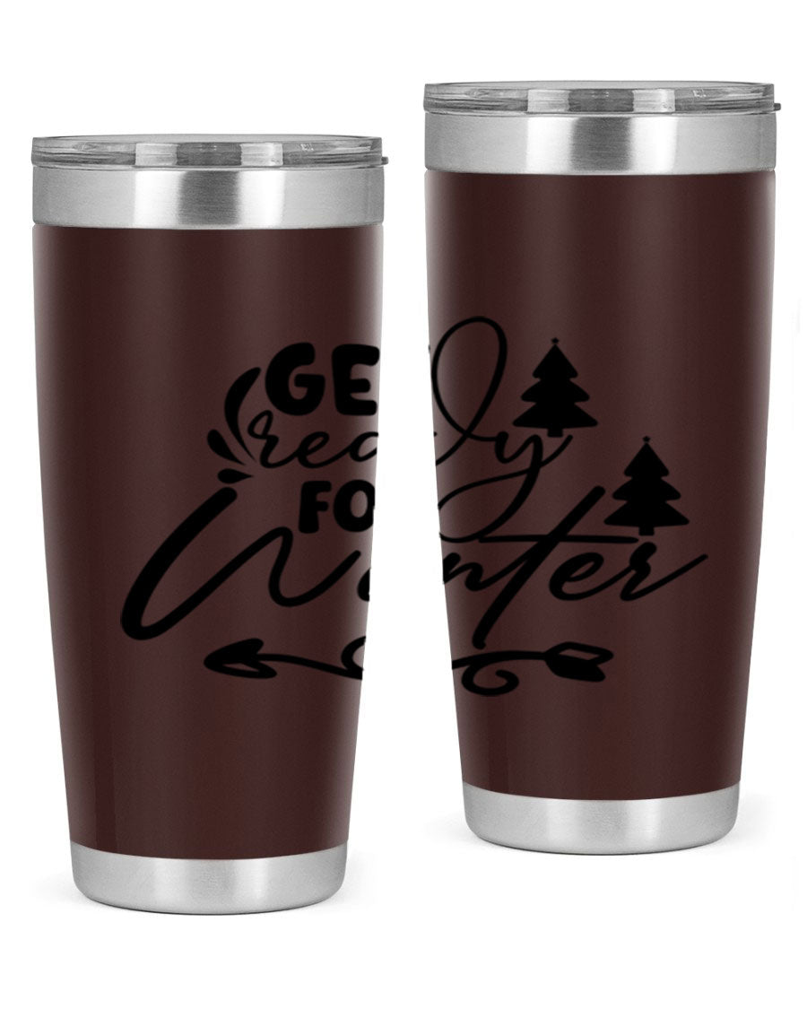 Get Ready For Winter 109# Tumbler in stainless steel with a drink-thru lid, showcasing its sleek design and winter-themed print.