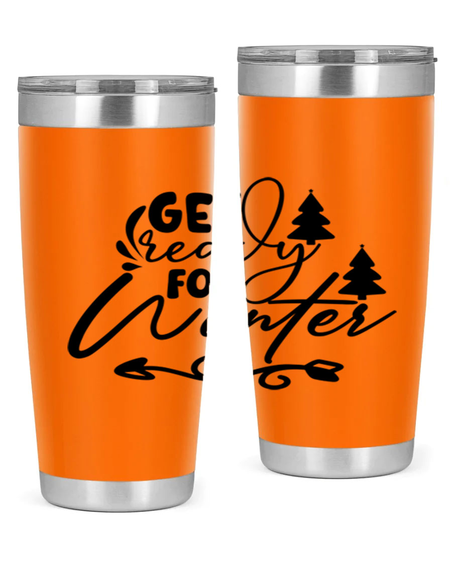 Get Ready For Winter 109# Tumbler in stainless steel with a drink-thru lid, showcasing its sleek design and winter-themed print.