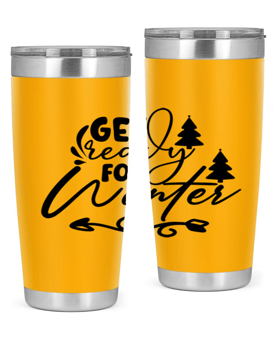 Get Ready For Winter 109# Tumbler in stainless steel with a drink-thru lid, showcasing its sleek design and winter-themed print.