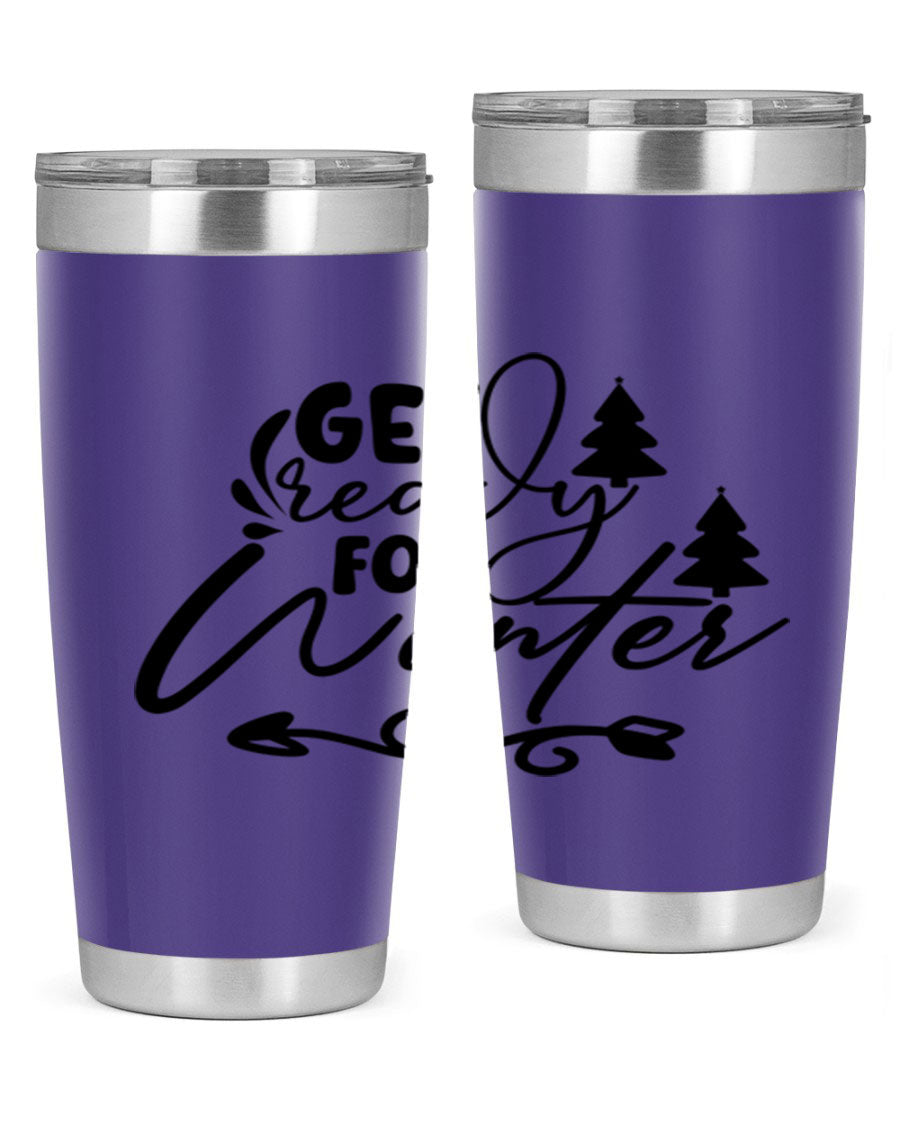 Get Ready For Winter 109# Tumbler in stainless steel with a drink-thru lid, showcasing its sleek design and winter-themed print.