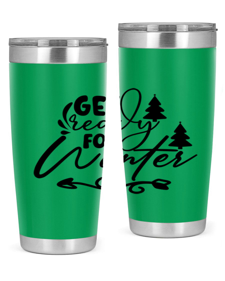 Get Ready For Winter 109# Tumbler in stainless steel with a drink-thru lid, showcasing its sleek design and winter-themed print.