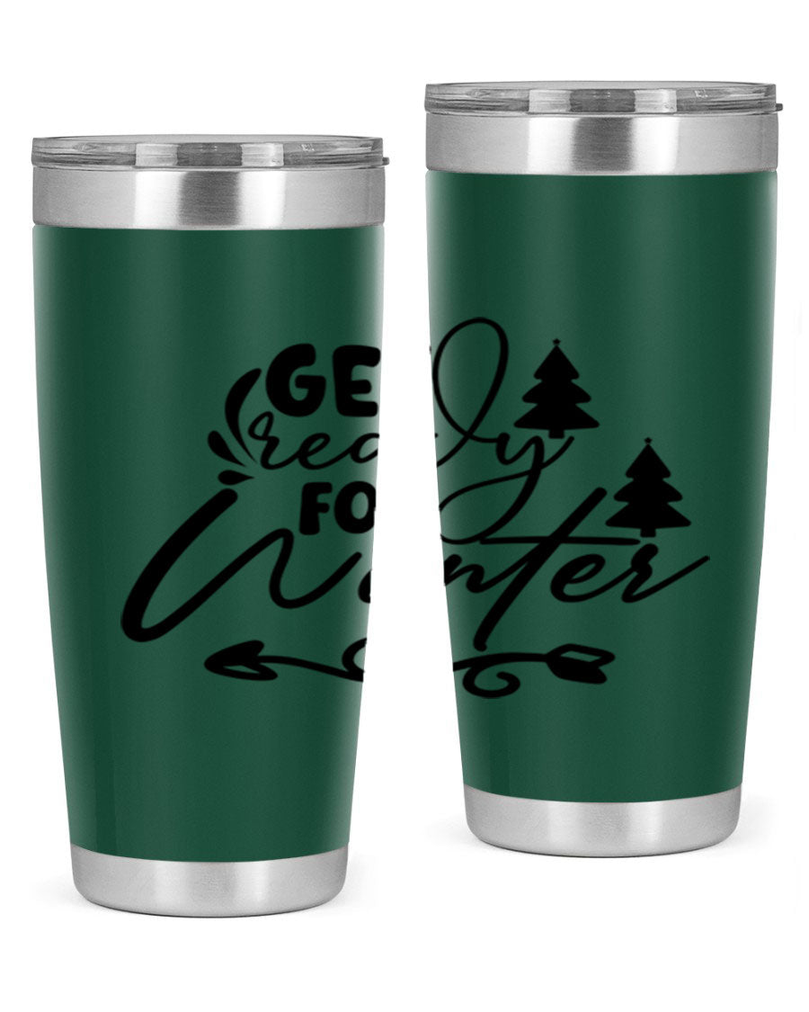 Get Ready For Winter 109# Tumbler in stainless steel with a drink-thru lid, showcasing its sleek design and winter-themed print.