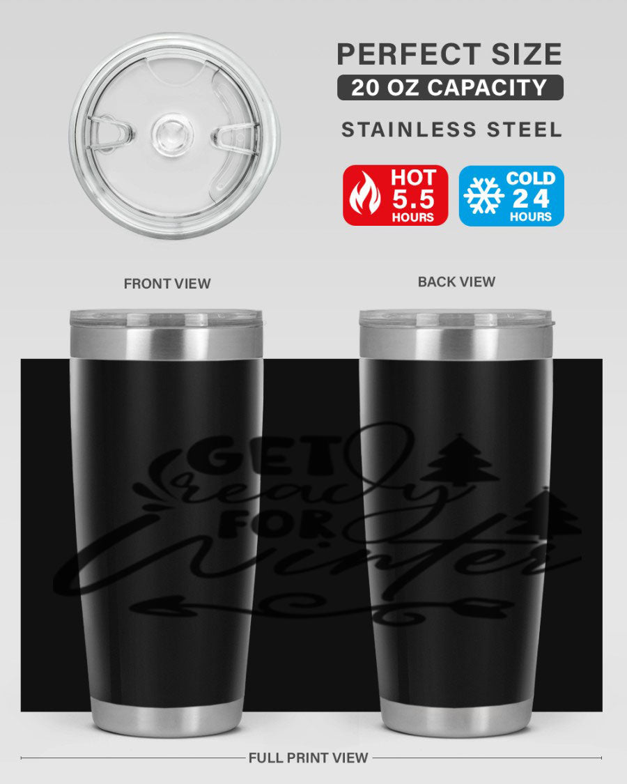 Get Ready For Winter 109# Tumbler in stainless steel with a drink-thru lid, showcasing its sleek design and winter-themed print.