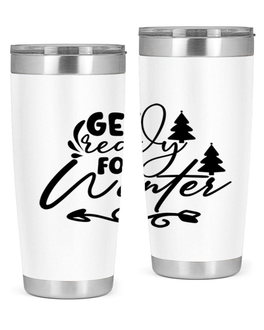 Get Ready For Winter 109# Tumbler in stainless steel with a drink-thru lid, showcasing its sleek design and winter-themed print.