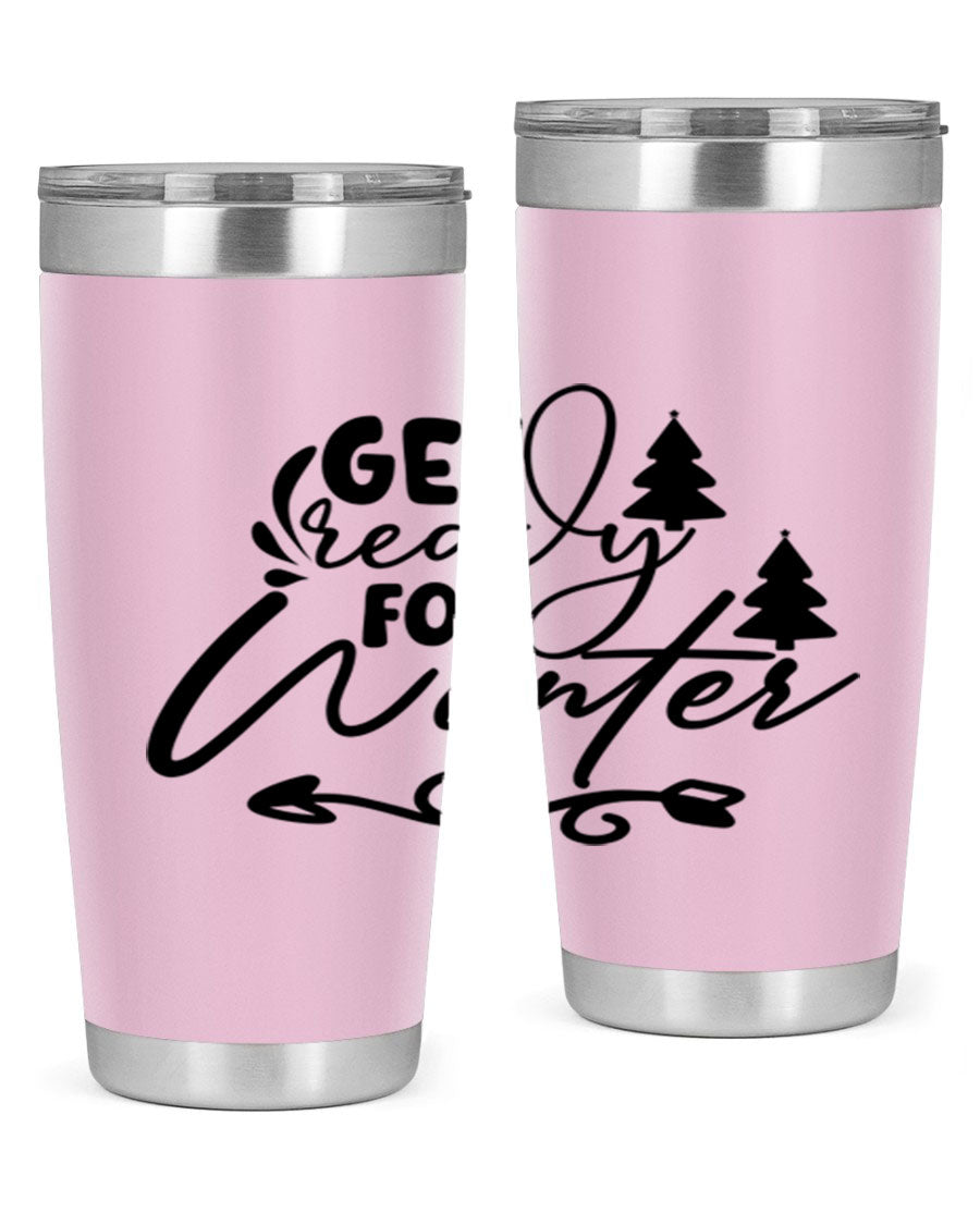 Get Ready For Winter 109# Tumbler in stainless steel with a drink-thru lid, showcasing its sleek design and winter-themed print.
