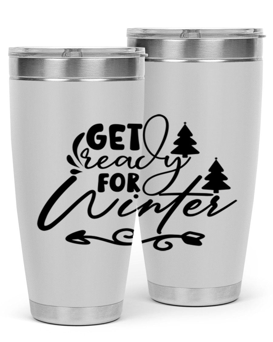 Get Ready For Winter 109# Tumbler in stainless steel with a drink-thru lid, showcasing its sleek design and winter-themed print.