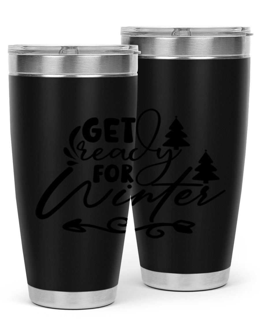Get Ready For Winter 109# Tumbler in stainless steel with a drink-thru lid, showcasing its sleek design and winter-themed print.
