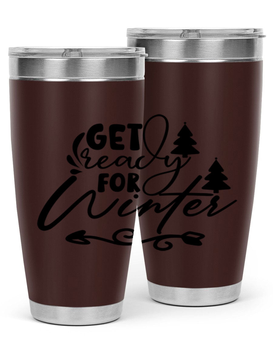 Get Ready For Winter 109# Tumbler in stainless steel with a drink-thru lid, showcasing its sleek design and winter-themed print.