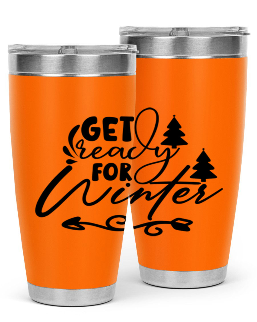 Get Ready For Winter 109# Tumbler in stainless steel with a drink-thru lid, showcasing its sleek design and winter-themed print.
