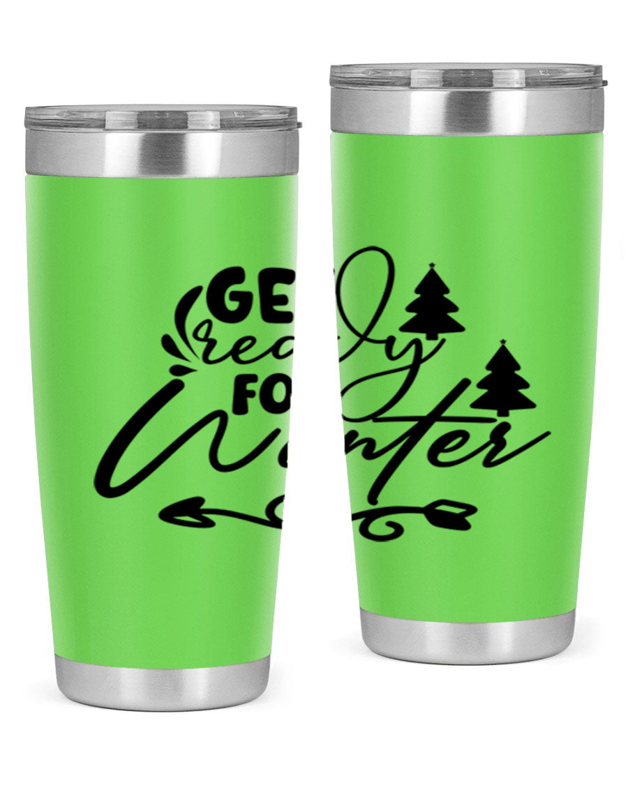Get Ready For Winter 109# Tumbler in stainless steel with a drink-thru lid, showcasing its sleek design and winter-themed print.