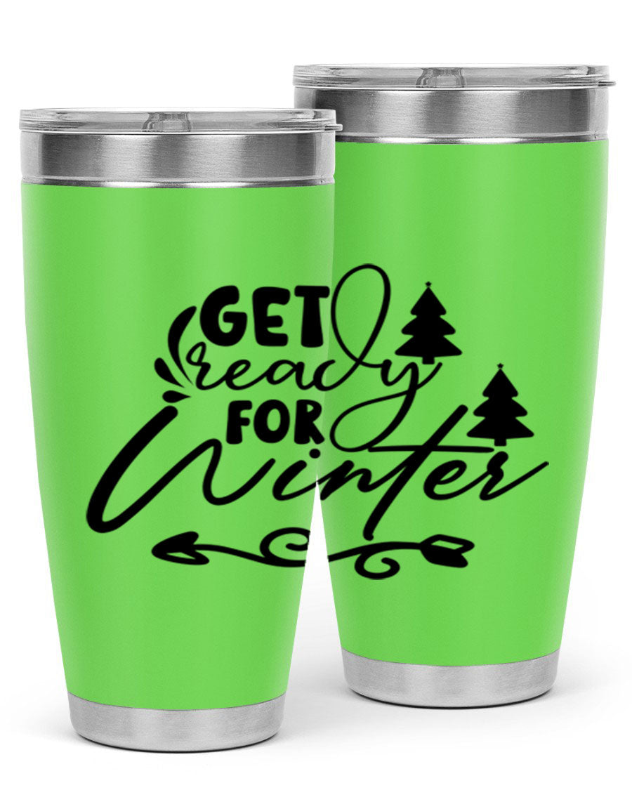 Get Ready For Winter 109# Tumbler in stainless steel with a drink-thru lid, showcasing its sleek design and winter-themed print.