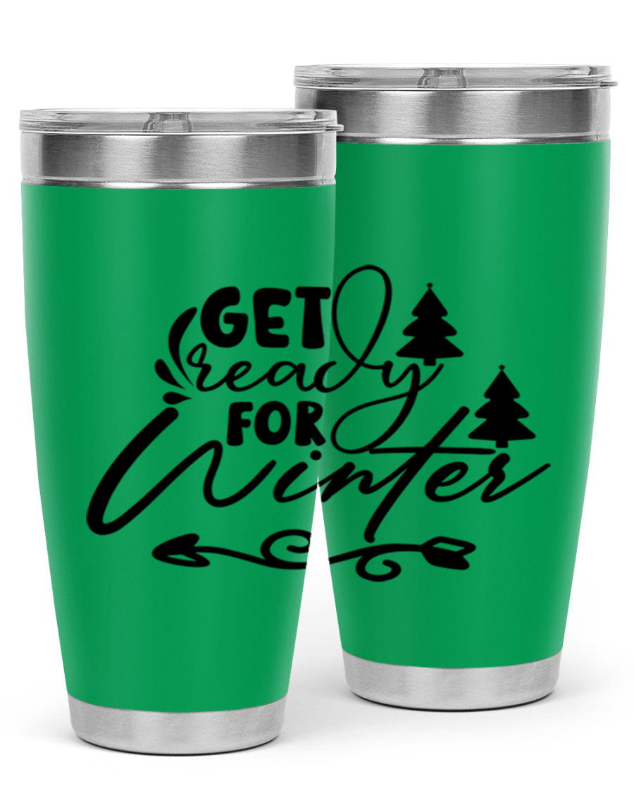 Get Ready For Winter 109# Tumbler in stainless steel with a drink-thru lid, showcasing its sleek design and winter-themed print.