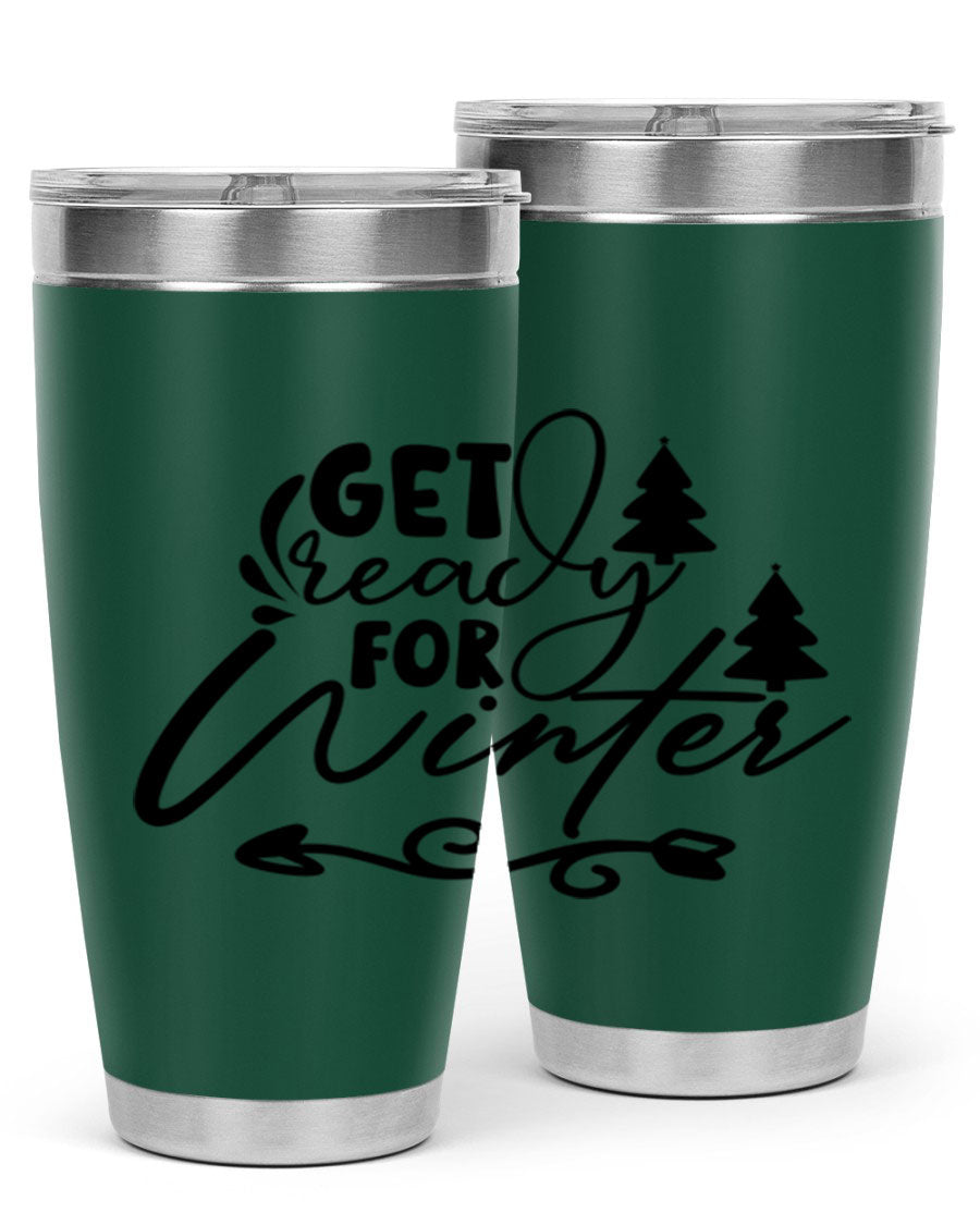 Get Ready For Winter 109# Tumbler in stainless steel with a drink-thru lid, showcasing its sleek design and winter-themed print.