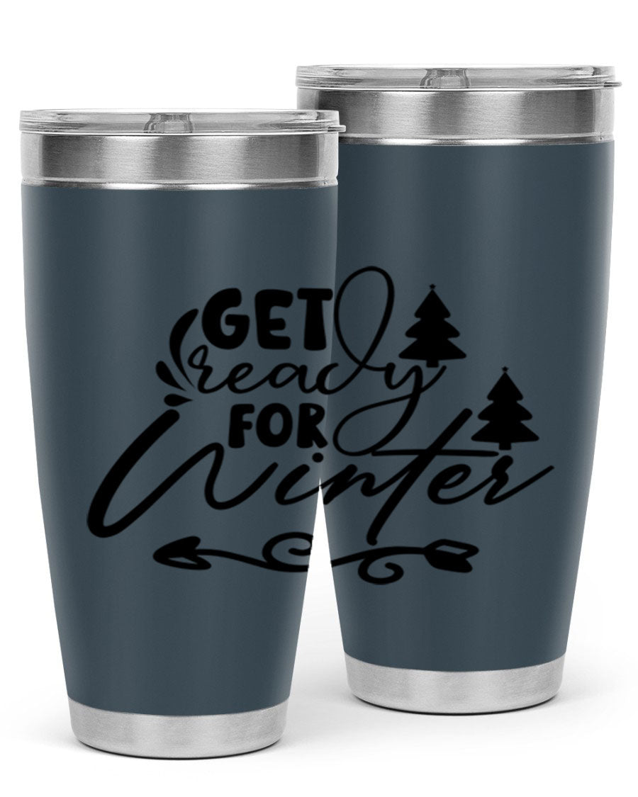 Get Ready For Winter 109# Tumbler in stainless steel with a drink-thru lid, showcasing its sleek design and winter-themed print.