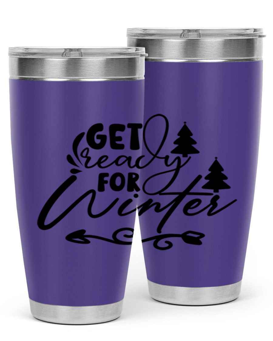 Get Ready For Winter 109# Tumbler in stainless steel with a drink-thru lid, showcasing its sleek design and winter-themed print.