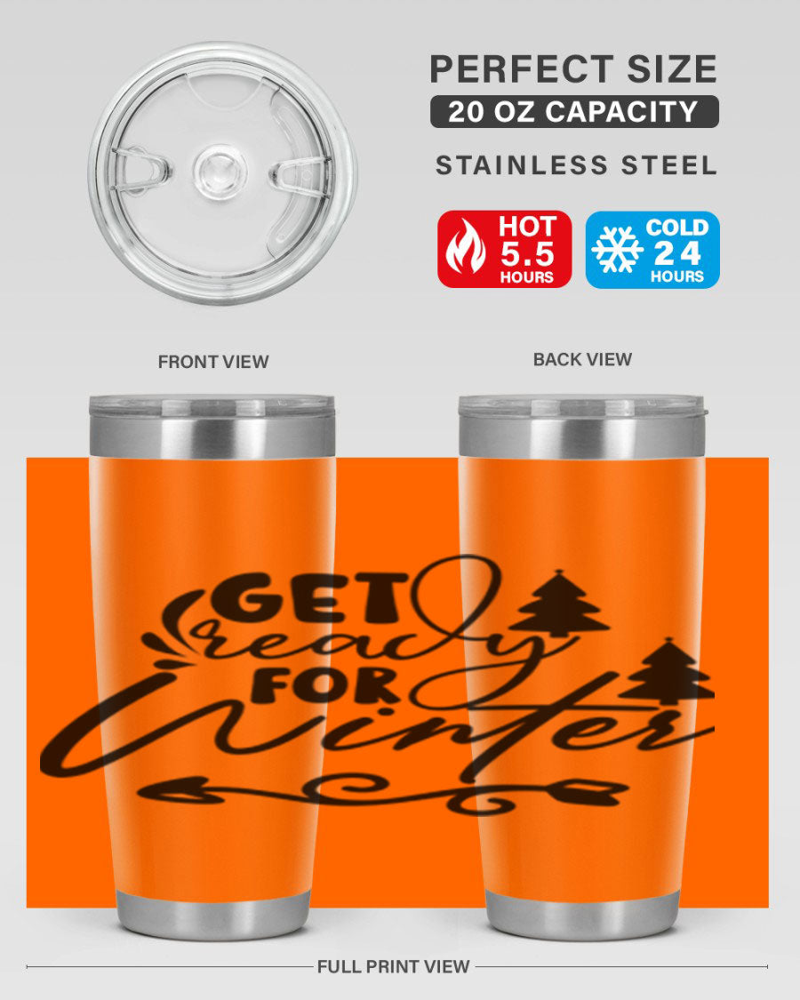 Get Ready For Winter 109# Tumbler in stainless steel with a drink-thru lid, showcasing its sleek design and winter-themed print.
