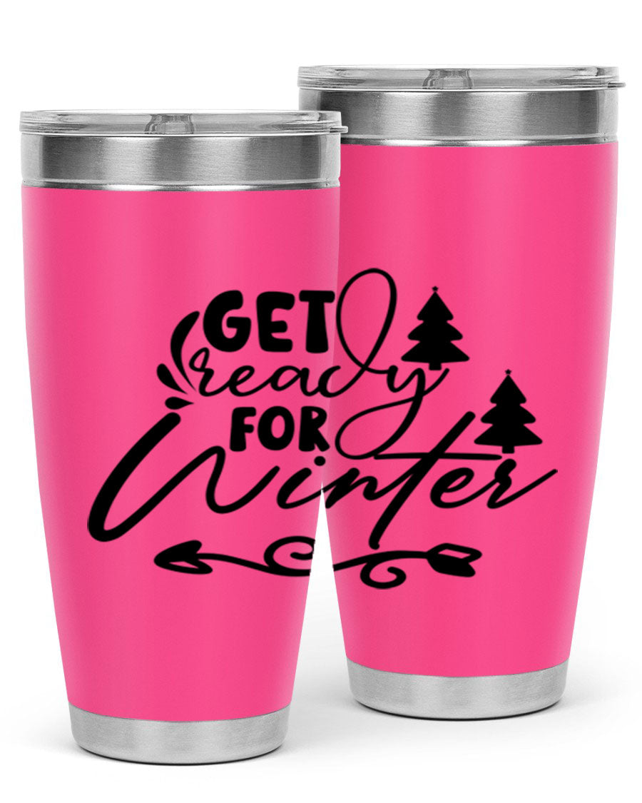Get Ready For Winter 109# Tumbler in stainless steel with a drink-thru lid, showcasing its sleek design and winter-themed print.