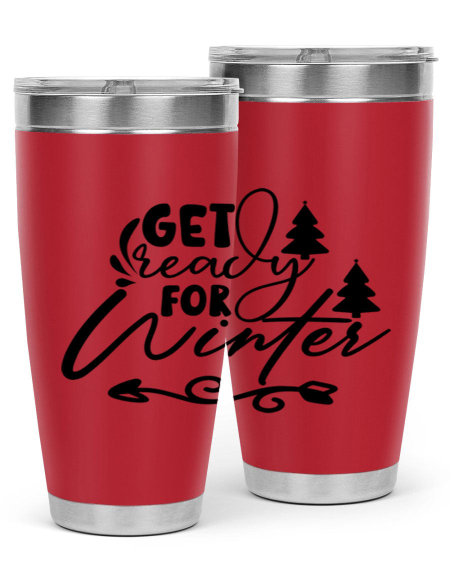 Get Ready For Winter 109# Tumbler in stainless steel with a drink-thru lid, showcasing its sleek design and winter-themed print.