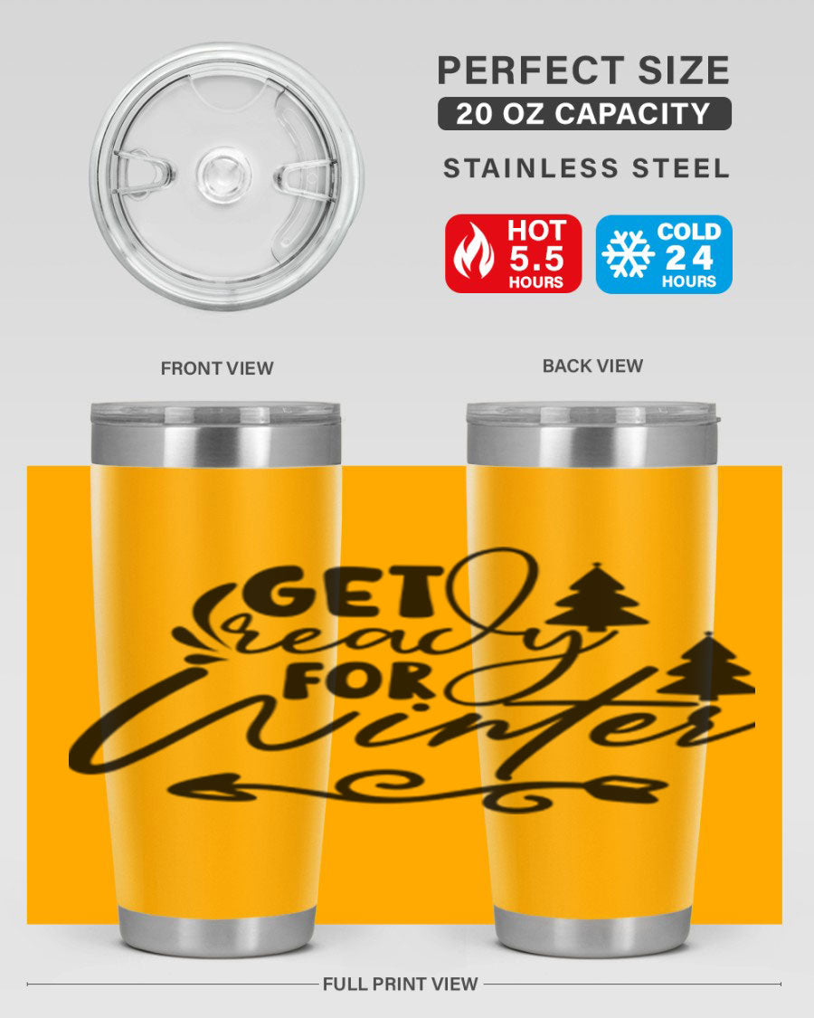 Get Ready For Winter 109# Tumbler in stainless steel with a drink-thru lid, showcasing its sleek design and winter-themed print.