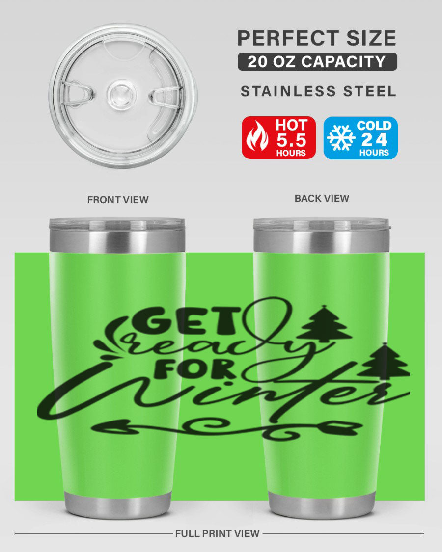 Get Ready For Winter 109# Tumbler in stainless steel with a drink-thru lid, showcasing its sleek design and winter-themed print.