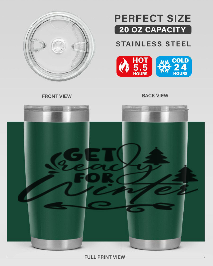 Get Ready For Winter 109# Tumbler in stainless steel with a drink-thru lid, showcasing its sleek design and winter-themed print.